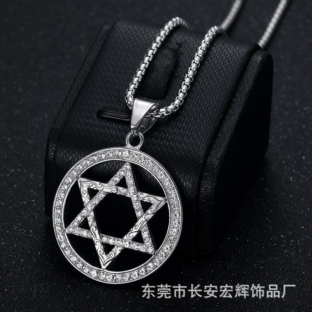 Hot Selling Hip Hop Jewelry Titanium Steel Gold-Plated Round Pendant Hexagram Necklace