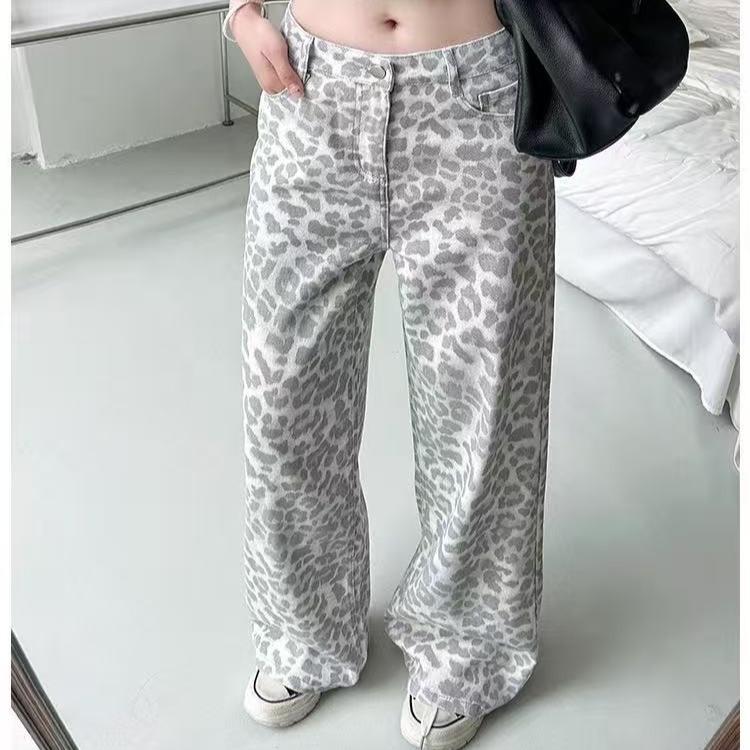 Y2K Hole Leopard Jeans Women Harajuku Vintage American High Waist Denim Pants Spring Streetwear Hip Hop Female Loose Trousers