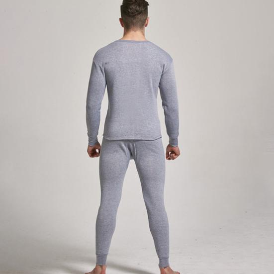 2 Pcs/Set Winter Men Thermal Underwear Set Round Neck Long Sleeve Warm Thick Pure Color Slim Fit Elastic Open Crotch Men Pajamas Set Homewear Clothing