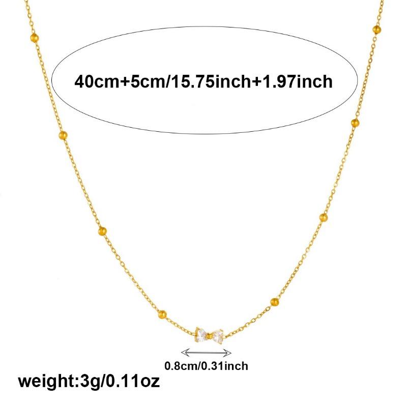 Gold Plated Bow Pendant Necklace with Beaded Chain Delicate Cubic Zirconia Choker