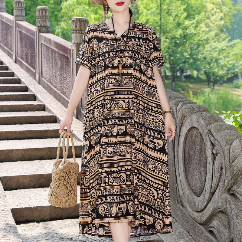 Elegant Women's Summer Dress Plus Size Short Sleeve Casual Loose Long Dresses Vintage Clothes