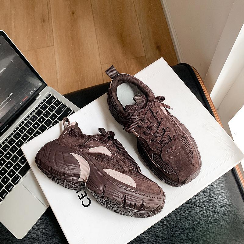Grape Mother Autumn and Winter New Sports Style Color Matching Lace-up Heightening Thick-soled Suede Dad Shoes Women's Autumn and Winter