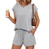 Women's 2 Piece Outfit Cap Sleeve Button Detail Top Drawstring Pocket Shorts Casual Loungewear Set