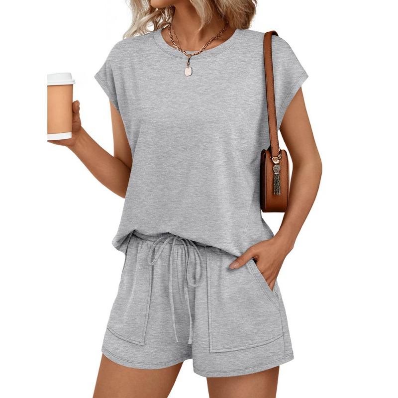 Women's 2 Piece Outfit Cap Sleeve Button Detail Top Drawstring Pocket Shorts Casual Loungewear Set