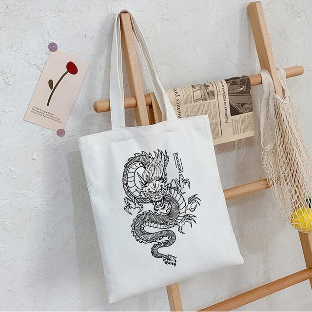 Women Bag Dragon Print Canvas Bag Shopper Bag Harajuku Y2k Large Capacity Punk Gothic Casual Cartoon Women Shoulder Bags Handbag