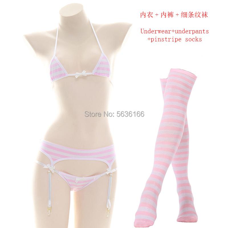 Japanese Sexy Lingerie Lolita Kawaii Blue Pink White Striped Mini Bikini Adult Cosplay Erotic Costumes Bra Women Underwear Set