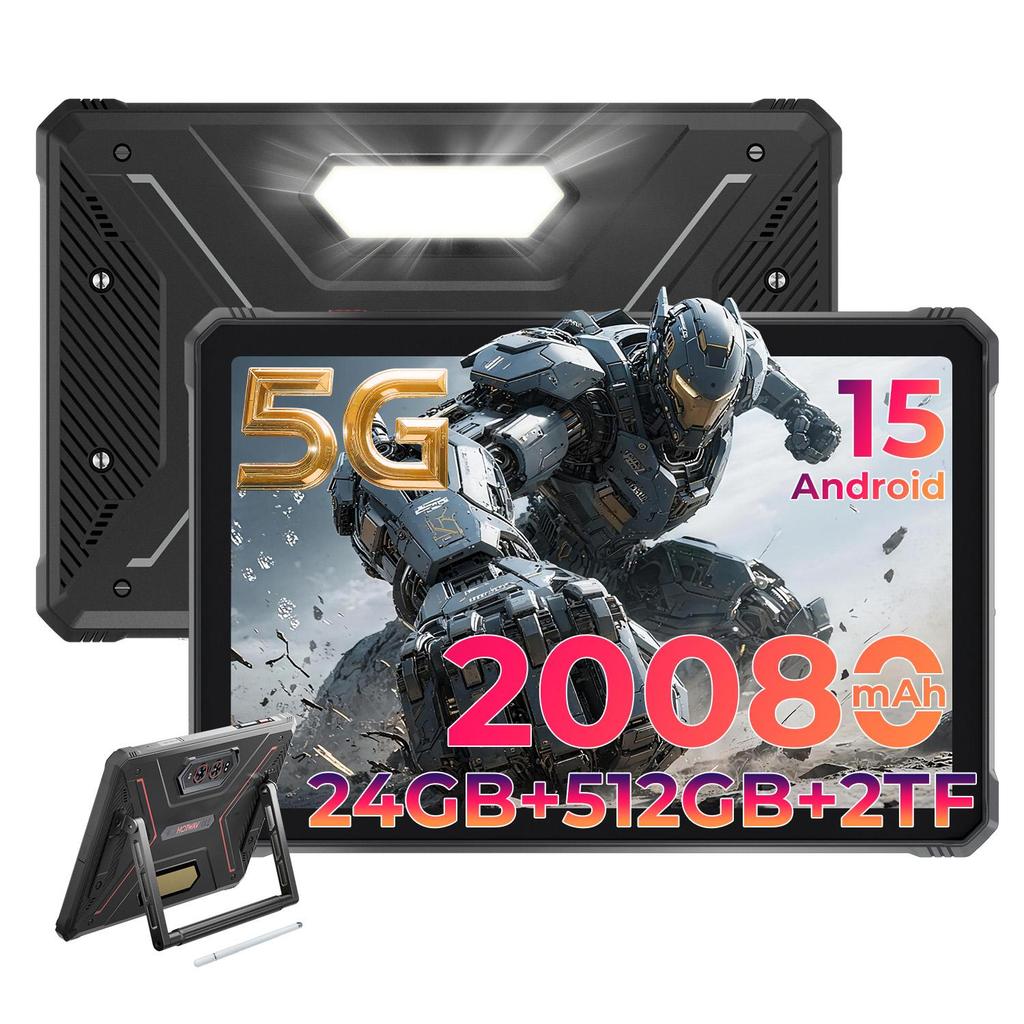 HOTWAV R9 Ultra 5G Robustes Tablet, Android 15, 20080mAh Akku, 24(8+16GB )+ 512 GB, 64 MP Kamera, IP68/IP69K, Campinglicht, Dual-SIM-Karten, Face ID, OTG