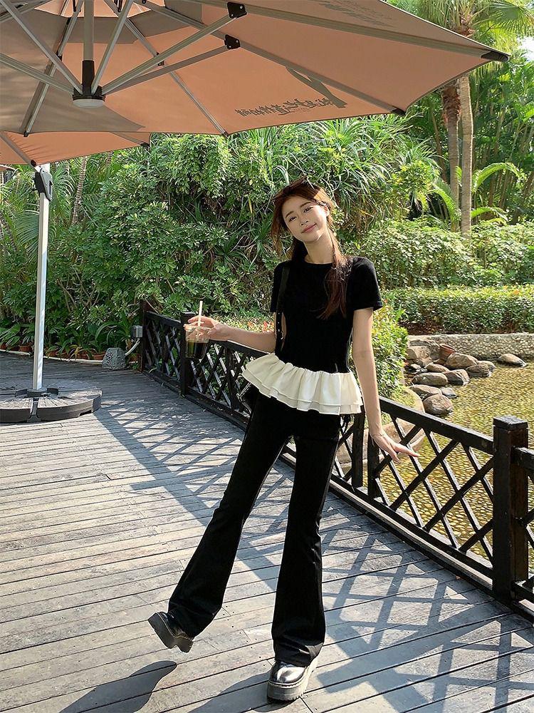 In-Stock Women's Patchwork Lace Puff Sleeve Slim Fit T-Shirt