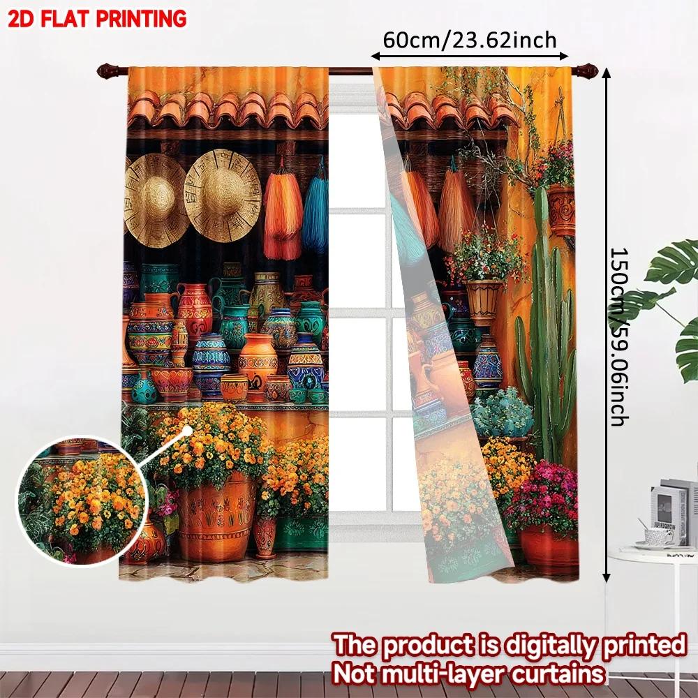 Set Of 2 Bohemian Pottery Cactus Desert Curtains Vibrant Hats Vases Blooming Flowers Living Room Bedroom Decor Curtain Polyester Ideal For Great