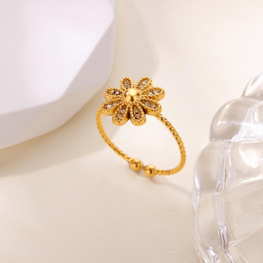 Bague vent or véritable acier inoxydable zircon style pastoral fleur nœud bague ouverte bijou femme