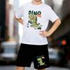 Boys 2 Piece Cartoon Dinosaur Print Outfit, Short Sleeve T-Shirt and Shorts Set for Kids Age 5-14,Black and White Sporty Casual Summer Clothes