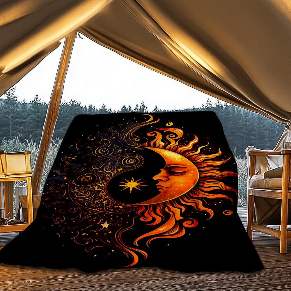 1pc Sun Moon Symbol Throw Blanket Polyester Fiber, Lightweight Flannel, Soft & Warm, All Season Use for Outdoor, Camping Digital Print