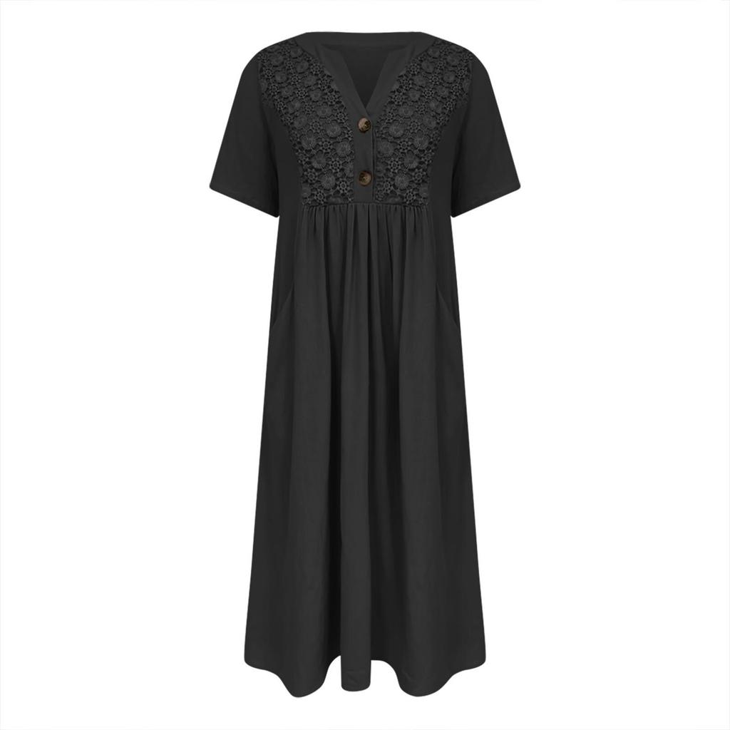 Summer Dresses For Women Boho Maxi Dress Short Sleeve V Neck Dresses Fashion Dress with Pockets