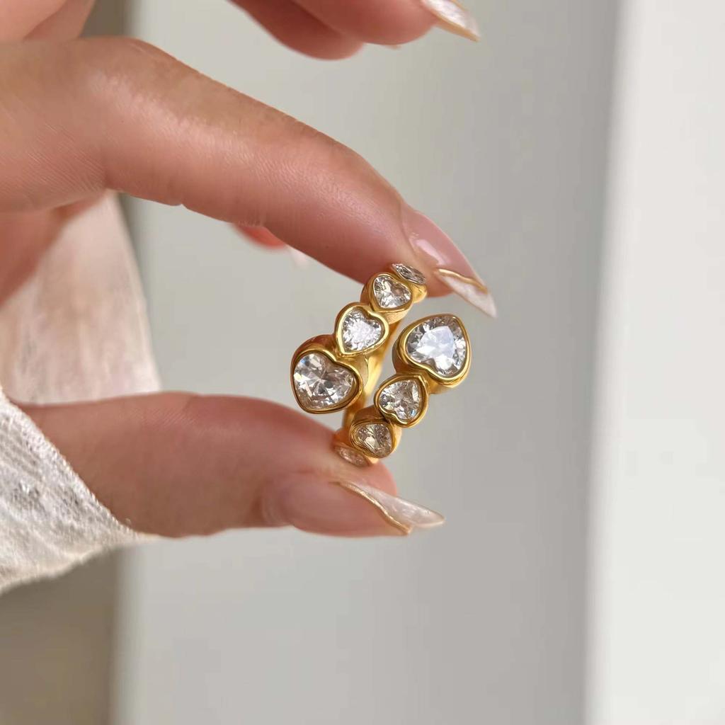 Stainless Steel Cubic Zirconia Heart Adjustable Ring 18K Gold Color PVD Plated Charming Aesthetic Finger Jewelry for Women