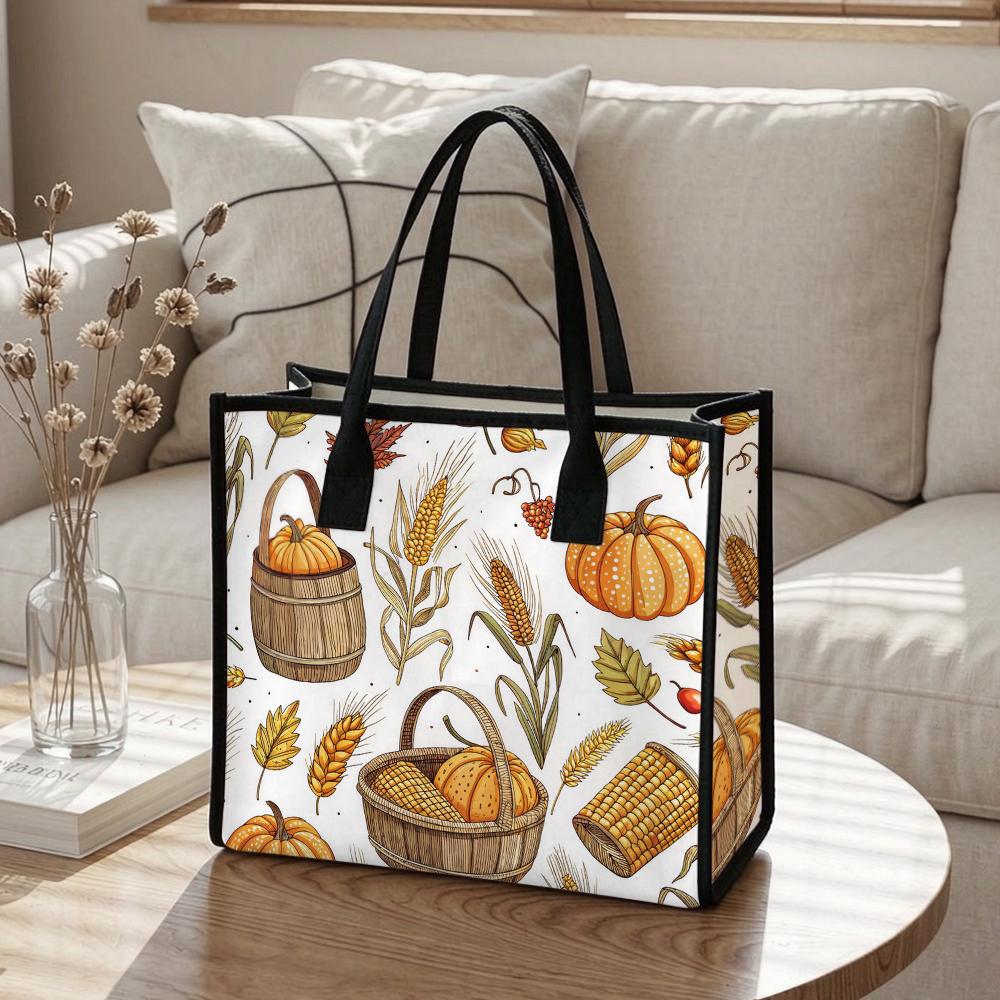 Autumn Pumpkin Corn Print Tote Bag Fashion Casual Large Capacity Handbag For Daily Outdoor Use