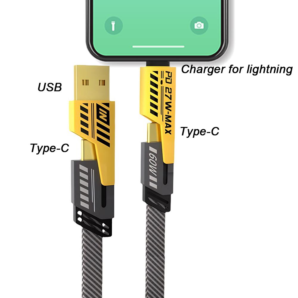 Multi-function 4-in-1 data cable super fast charging PD27W charging dual type-c 65W Lightning Nylon Braided cable for iPhone And чёрный