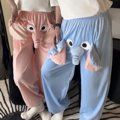 Pyjamahose mit Cartoon-Elefanten-Muster, weites Beindesign, Loungehose für Damen und Herren, elastischer Bund, mittelhohe Pyjamahose