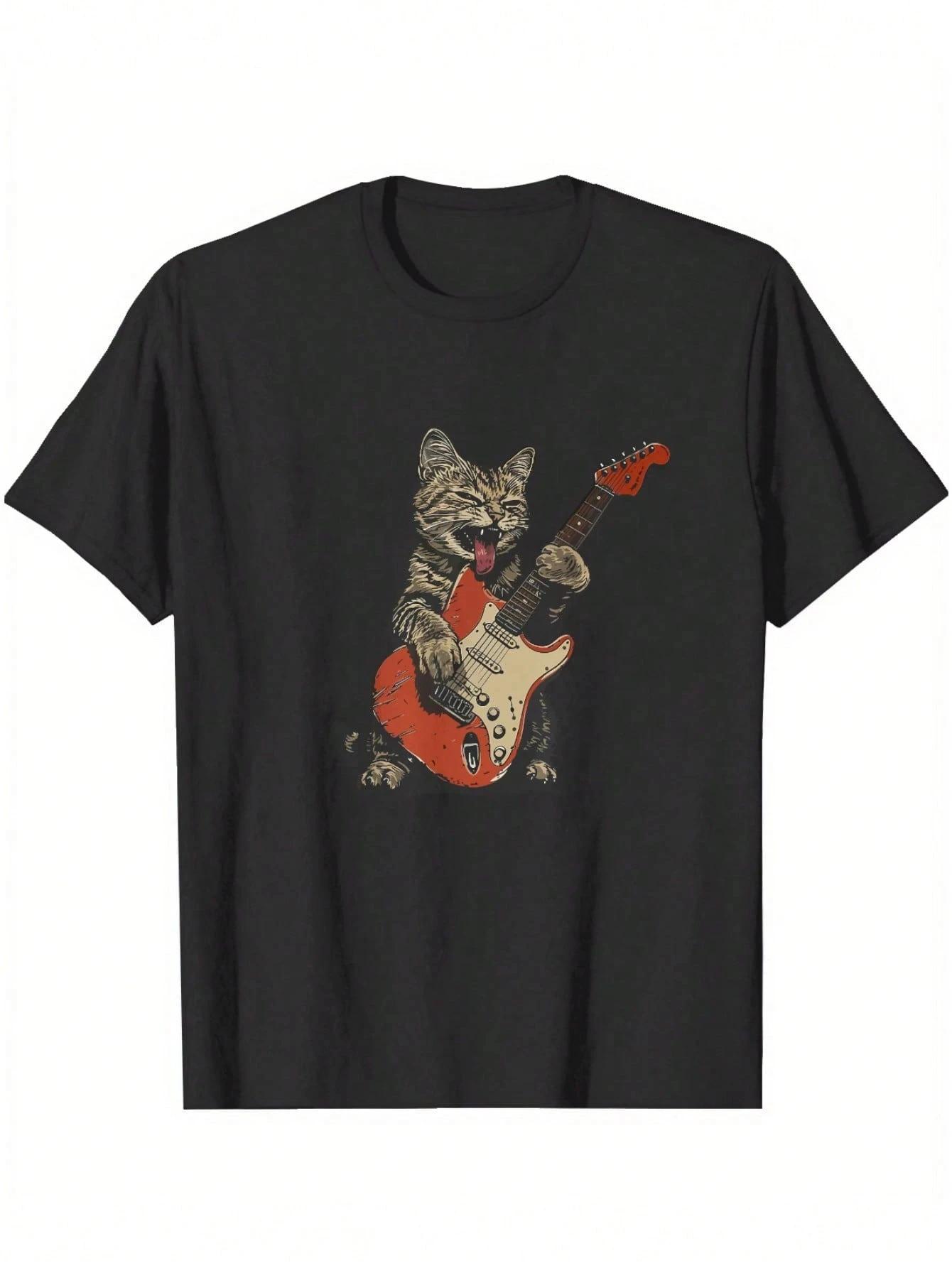 Cool Rock Cat Graphic Print Mens Cotton Short Sleeve TShirt Casual Comfortable Stylish Tee Fashion Rock Music Inspired Design S