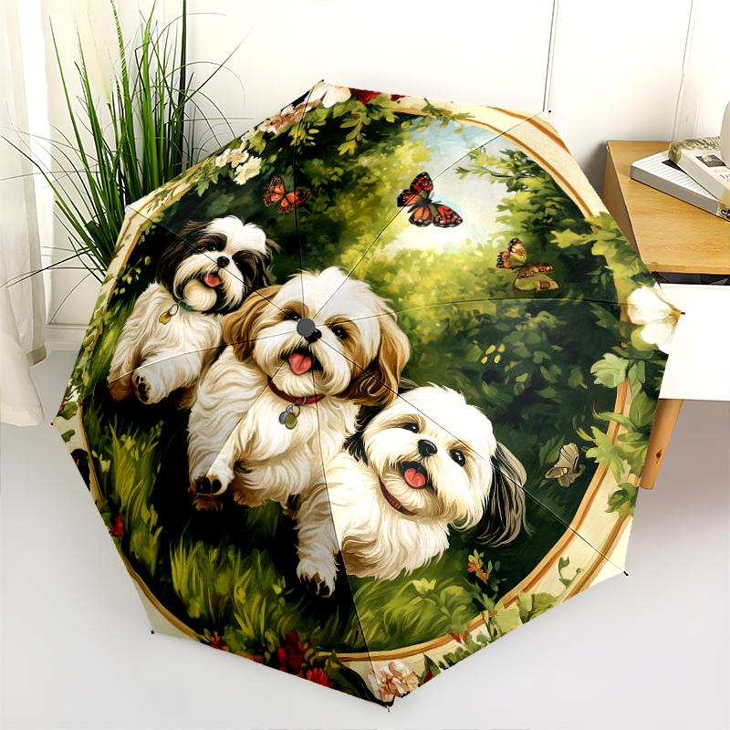 Shih Tzu and Flowers Pattern, Automatic Folding Umbrella, Portable and Foldable Design, 8 Ribs, a Christmas or Birthday Gift.