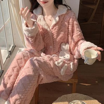 Women's Coral Fleece Pajamas Women's Thickened Plush Home Clothes Set Cute Girls Home Clothes Autumn and Winter Pajamas Set