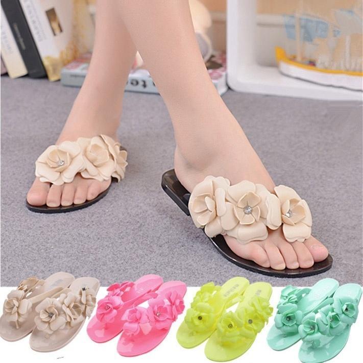 Summer Women Sandals with Beautiful Camellia Flower Sweet Flip Flops Black 9