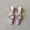 Fashion New French-style Pearl Cross-strap Baotou Half Slippers Square Toe Shallow Mouth Heightened Temperament Sandals and Slippers