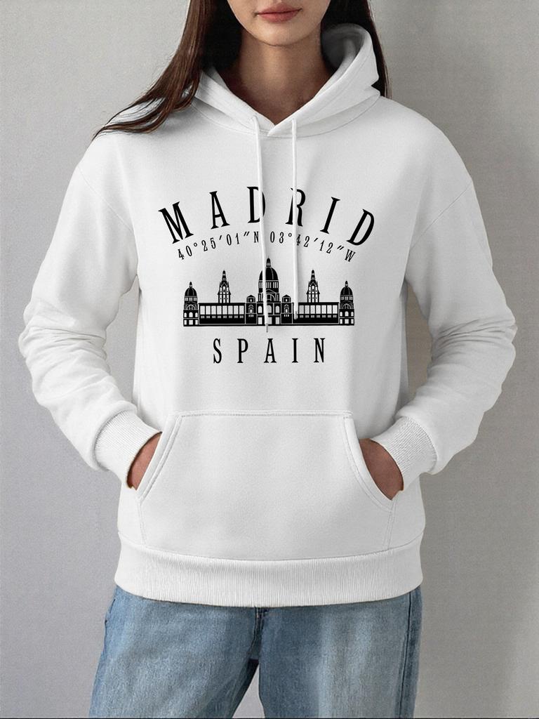 Madrid Spain Printed Hoodies Women Basics Pocket Pullovers Autumn Winter Fleece Warm Sweatshirts Casual Loose Womans Clothes
