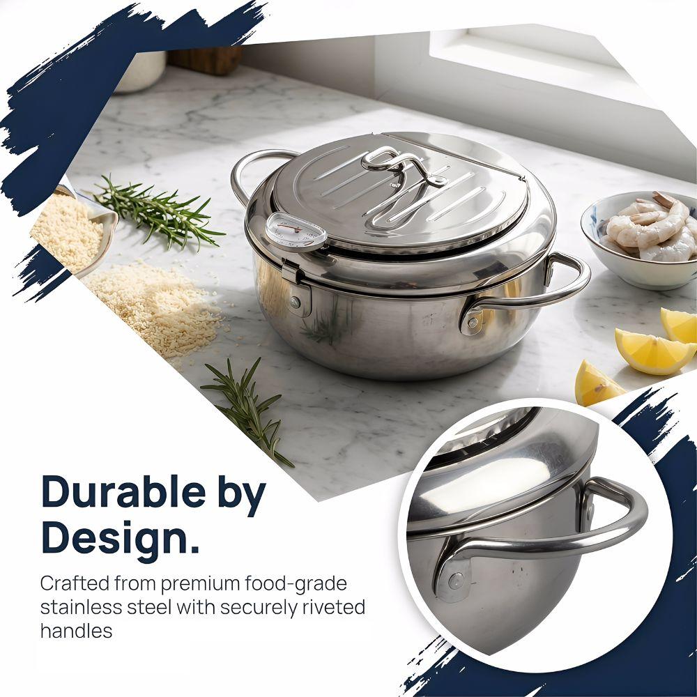 Stainless Steel Deep Fryer Pot with Lid with Thermometer Frying Pan 2.2L Durable Tempura Pot Induction Cooker/Gas Fire