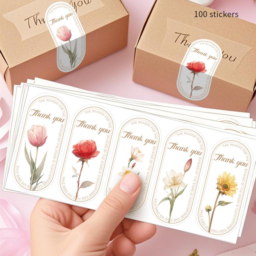 100 Stickers Vintage Exquisite Floral Thank You Stickers Oval EnglishThankYouSealing Label Thank You