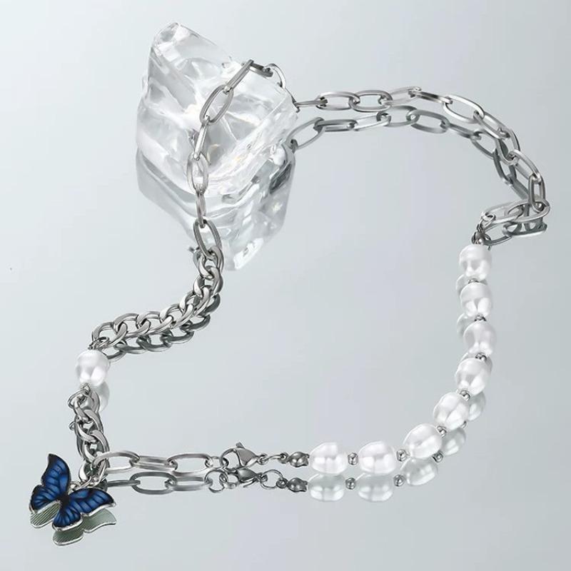 Butterfly pearl necklace female high sense personality hip hop neck chain niche simple versatile collarbone chain tide