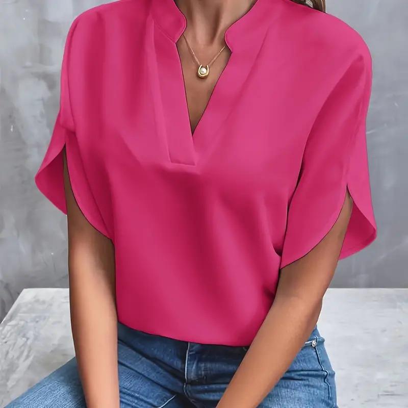 Solid Color Notch Neck Blouse Stylish Short Split Sleeves for Spring & Summer Trendy Womens Casual Top