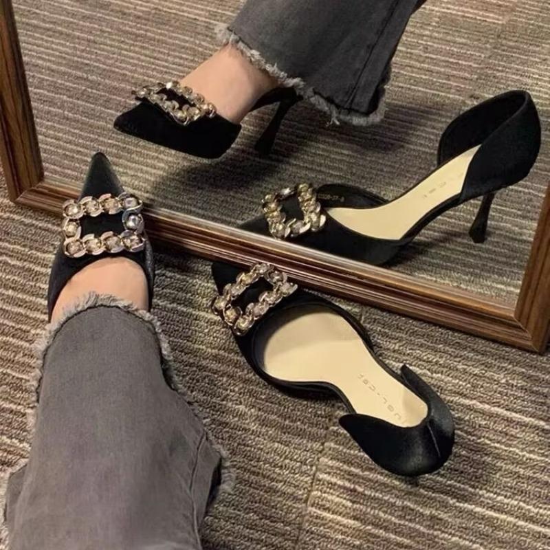 Fashion Women's Fall New Thin Heel Shoes Fashion Pointed Head Shallow Mouth Crystal Buckle Non-slip High Heels