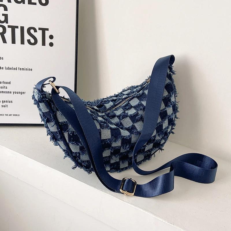 Monochromatische Damen-Denim-Brusttasche mit Reißverschluss-Innentasche, Freizeittasche, weiches Fach, hohe Qualität