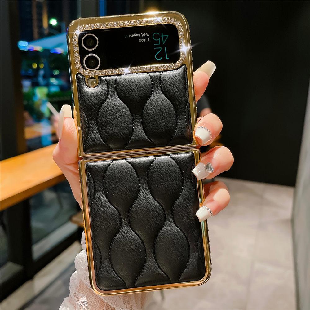 Luksusowe Złocone Diamentowe Skórzane Etui Na Samsunga Z Flip 6 Flip 5 Flip 4 3 Wstrząsoodporne Etui Na Telefon typu Flip6 Coque