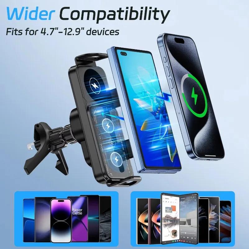Dual Coil Fold Screen Car Fast Wireless Charger Stand For Samsung Galaxy Z Fold 6 5 4 S24 Ultra Xiaomi iPhone 16 15 14 Pro Max