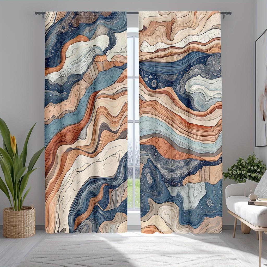 2pc Marble wave pattern curtains, polyester fabric, machine washable, suitable for living room/bedroom decoration