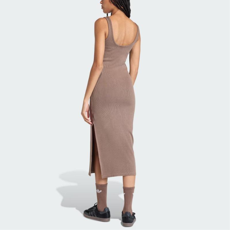 adidas Originals ESS RIB DRESS Women's Ribbed Sleeveless Bodycon Midi Dress Taupe Women KE3167