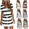 Women Summer Dresses Casual V-Neck Short Sleeve Bandage Stripe Printing Loose Dress