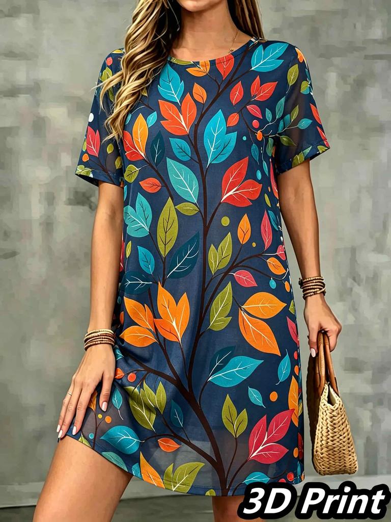 Fashion 3D Print Summer Dress Loose Casual Short Sleeve O-Neck Mini Dress