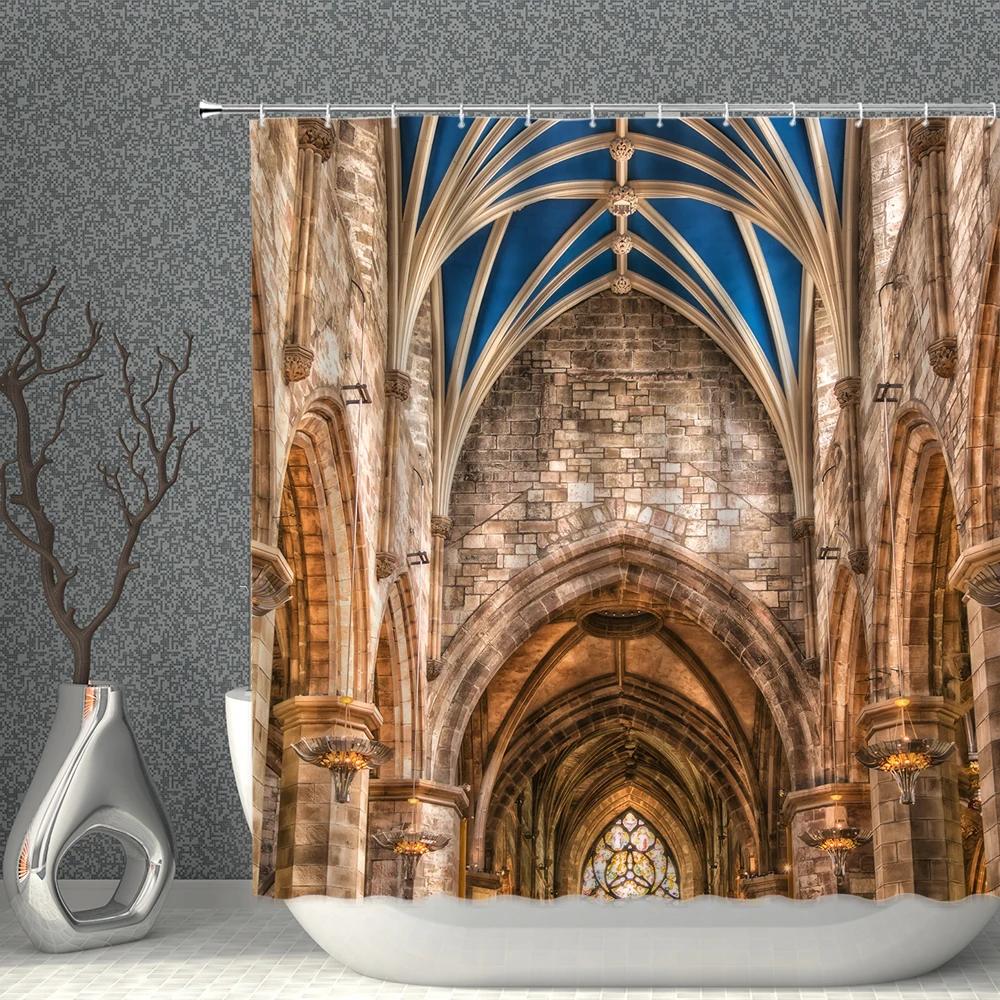 Old Fashioned Door Bookshelf Shower Curtain Creative Brick Wall Education Arched Door Pattern Bathroom Home Decor With Hooks