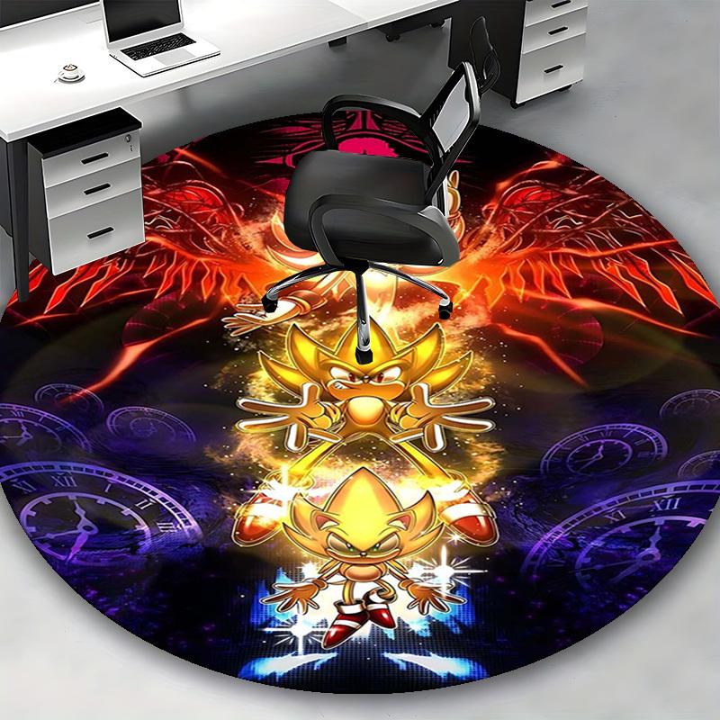 1 Stück Goldener Sonic the Hedgehog Anime Cartoon Design Runder Teppich für Bürostuhlmatte, Rutschfester Teppich, Heimdekoration, Wohnzimmer, Schlafzimmer