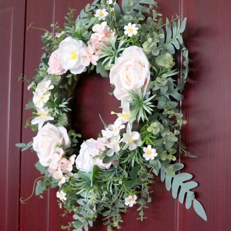 Artificial Rose Flower Wreath 19.69" Spring Wreath for Outdoor Front Door Indoor Weddings Window or Wall Décors Gifts