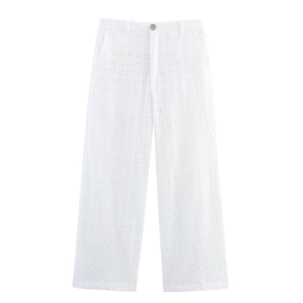 European and American Style, New Women's Clothing Hollow Embroidered Short Shirt Hollow Embroidered Wide-leg Pants 2587077
