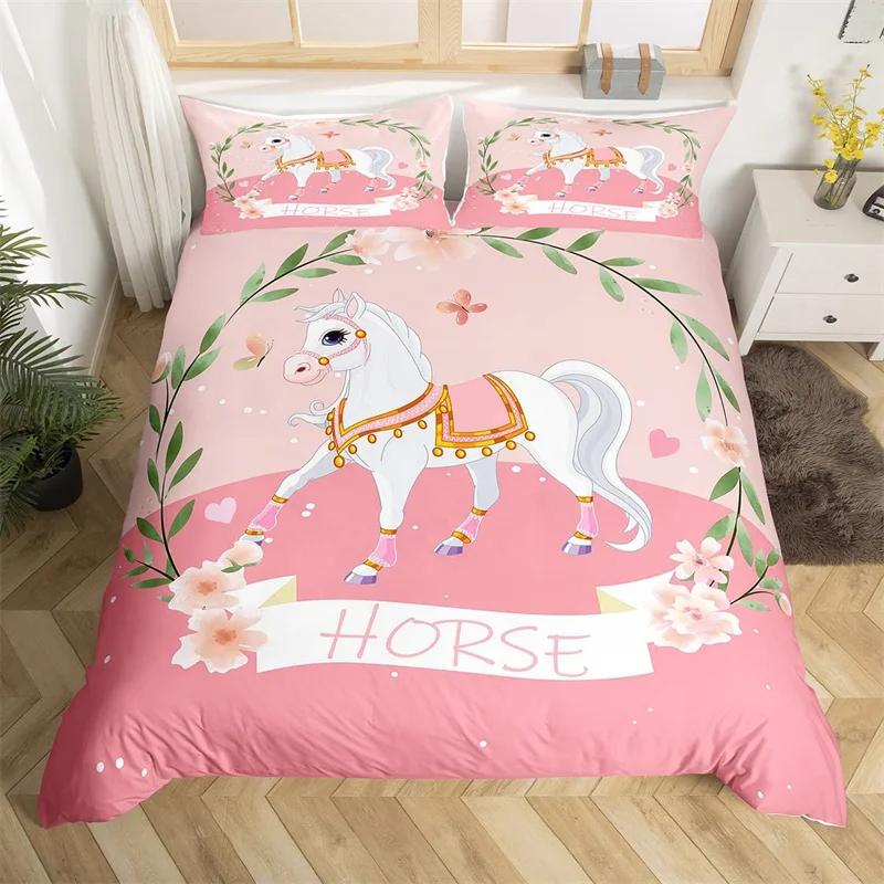Kawaii Unicorn Duvet Cover Set Cartoon Animal Bedding Set Microfiber Botanical Leaves Comforter Cover King For Kids Boys Girls