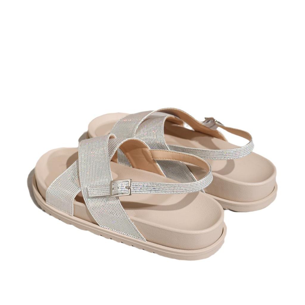 Wear One-pedal Slippers Outside the Home Color Cross-lace-up Buckle Flats Double-layer Ivory White Flat Slippers