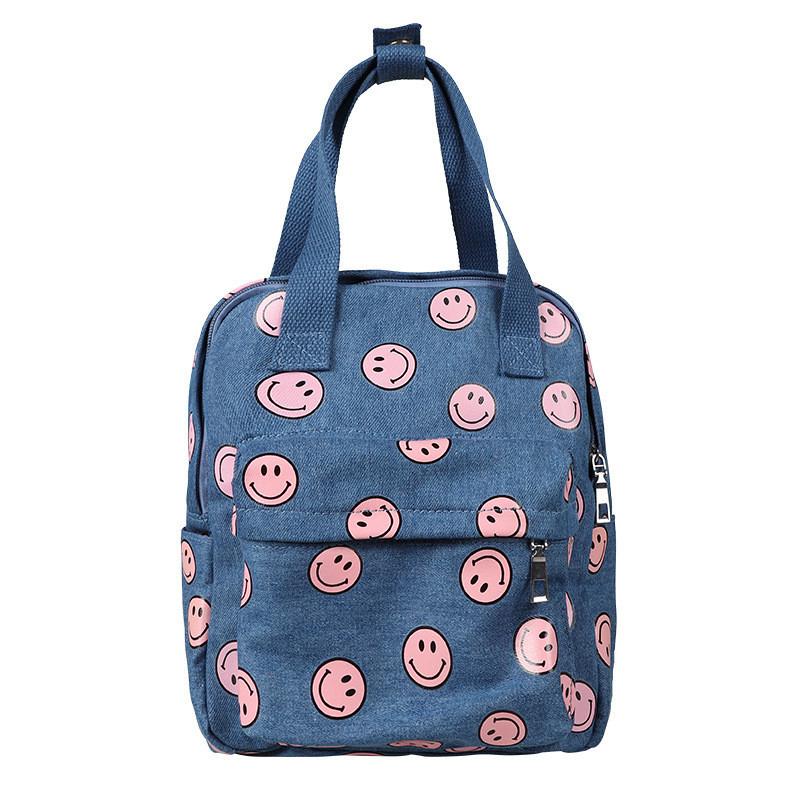 Stylish And Durable Canvas Childrens Backpack With Fun Smiley Print For Daily Use