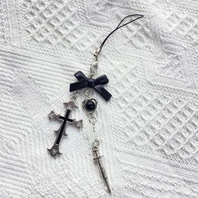Llavero con correa para teléfono, llavero Kawaii, bonito llavero, cordón negro con lazo cruzado, cadena con cuentas, cordón Y2K para mujeres y niñas