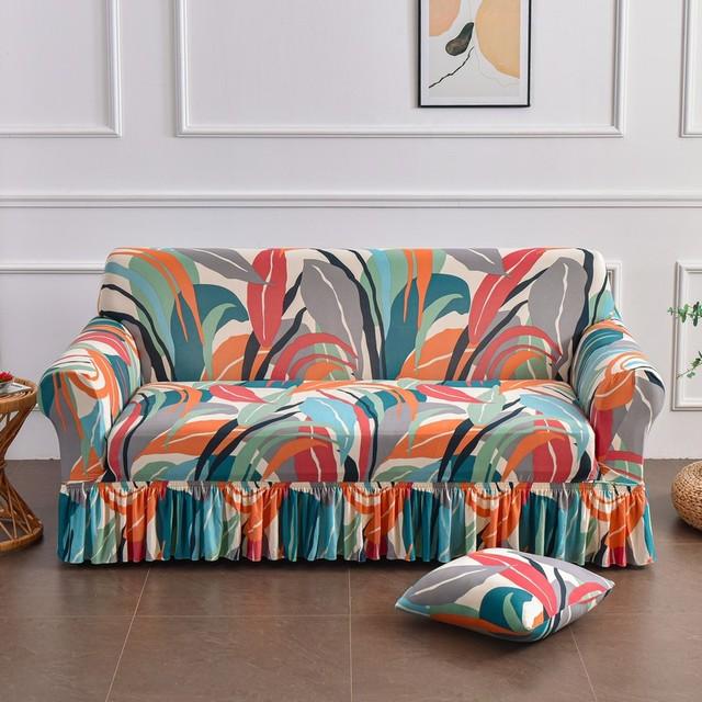 Printed Ruffled Skirt Sofa Cover Stretch Couch Slipcover Washable Furniture Protector Easy Fit Living Room Decor
