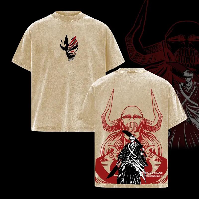 Anime BLEACH Kurosaki Ichigo Clothing Men Women Short Sleeve Tshirts Washed Cotton Tee Retro Oversized T-shirt Harajuku T Shirt