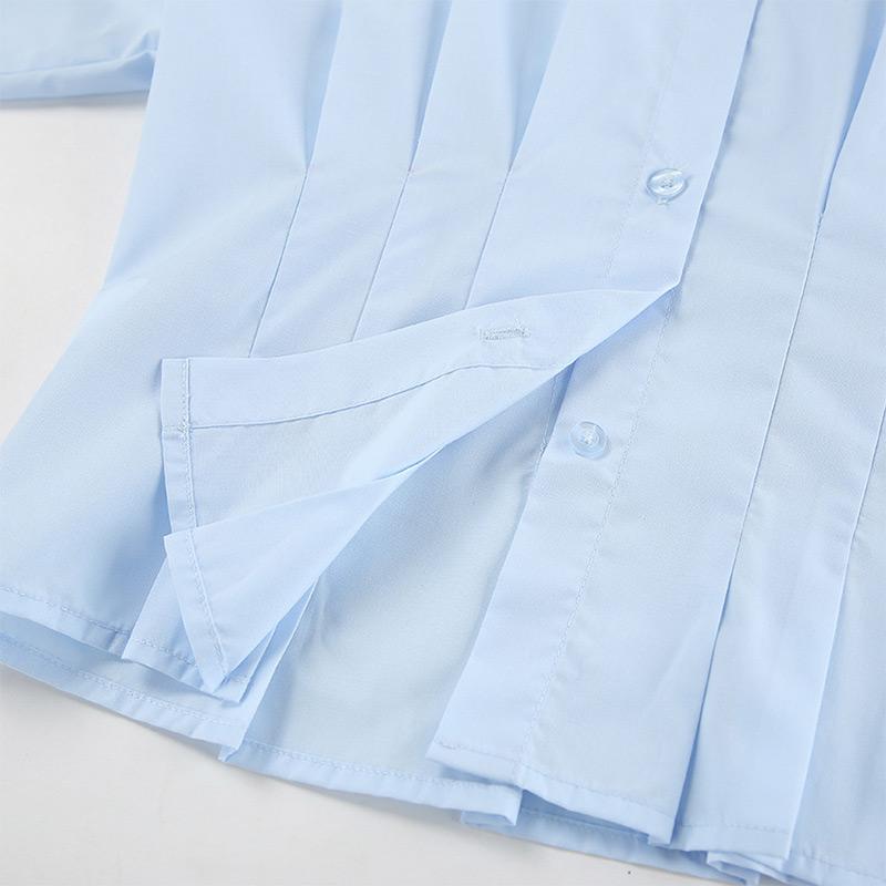 Plissert Slim Fit Topp Dame Bomullsskjorte Pendler Polokrage Langermet Ensfarvet Bluser Enkeltspent Kort Topp Elegant Kontordame Sommer